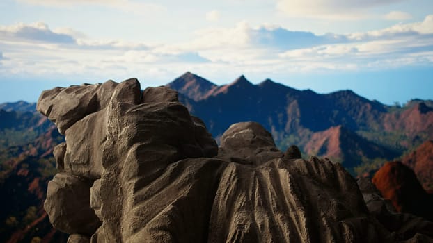 Dramatic alpine landscape featuring rugged rock formations and lush forested slopes. This epic view invites trekkers and explorers to embrace nature and conquer new heights on their journey.