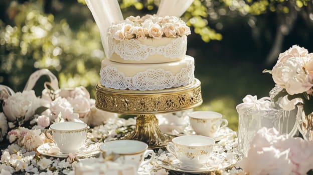 Delightful garden Birthday celebration featuring floral cakes, pastel gift wrap, vintage teaware, and soft bunting, evoking a tender, joyful birthday gathering in an English countryside garden