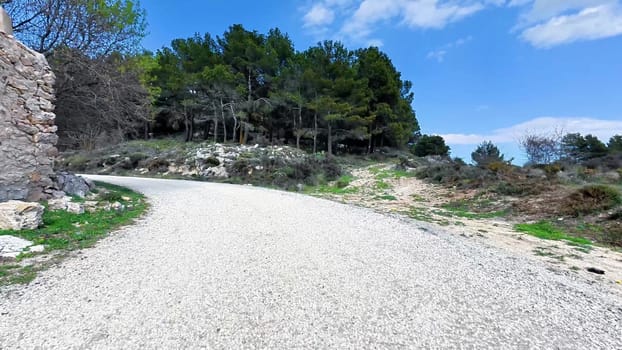 A beautifully picturesque gravel road gently winding through lush green landscapes and bright clear blue skies