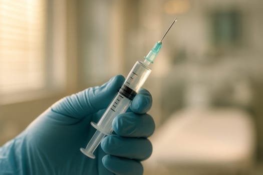 Macro shot of nurses hand holding a syringe filled with vaccine in natural morning light through hospital window