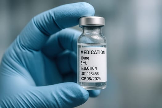 Macro image of gloved hand holding a glass vial with liquid medication under soft diffused LED lighting