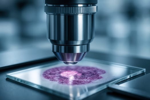 Close-up of microscope lens focusing on biological tissue slide under laboratory lighting