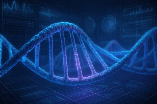 Extreme close-up of glowing DNA strands in a digital holographic display for genetic analysis