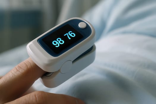 Close-up of patients finger with pulse oximeter clip measuring oxygen saturation
