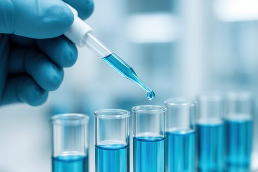 Macro shot of laboratory pipette dispensing colorful liquid into test tubes under sterile conditions