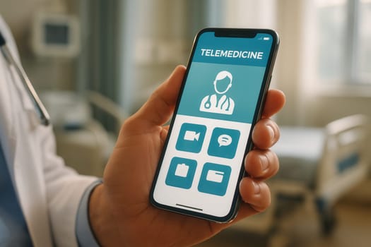 Macro close-up of doctor’s hand holding smartphone displaying telemedicine application