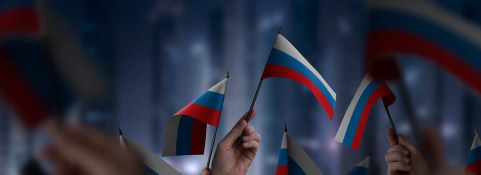 Russia flags in their hands on a blurred urban background. The photo illustration was created without the use of artificial intelligence, only using Photoshop.
