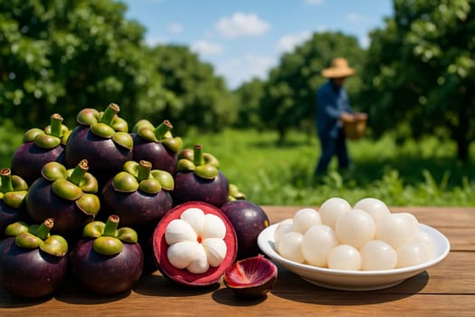 AI generated A rustic wooden table overflowing with fresh mangosteens including halved fruits and peeled white segments on a white plate shows mangosteen orchard farmers harvesting agriculture