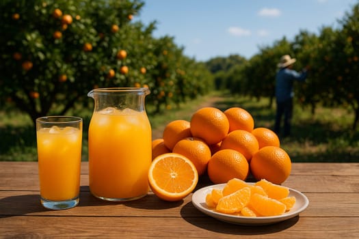 AI generated A rustic wooden table with chilled orange juice in glass pitcher and sliced oranges on white plate Background shows sunny orange orchard with farmers harvesting agriculture themes