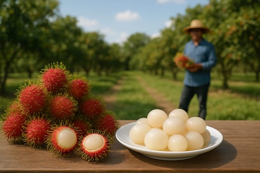 AI generated A rustic wooden table filled with fresh rambutans including peeled fruits and exposed flesh on white plate Background shows rambutan orchard with farmers harvesting agriculture themes