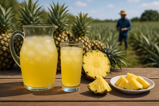 AI generated Icy pineapple juice in glass pitcher with fresh pineapples and chunks on rustic table Tropical pineapple farm background with farmers harvesting Perfect for summer drinks healthy tropical