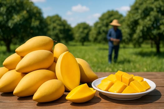 AI generated A rustic wooden table piled with fresh mangoes including halved fruits and sliced pieces on white plate Background shows mango orchard with farmers harvesting agriculture concepts