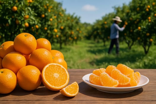 AI generated Vibrant scene of fresh oranges piled on rustic wooden table with halved fruits and peeled segments on white plate Background shows sunny orange orchard farmers picking fruit agriculture