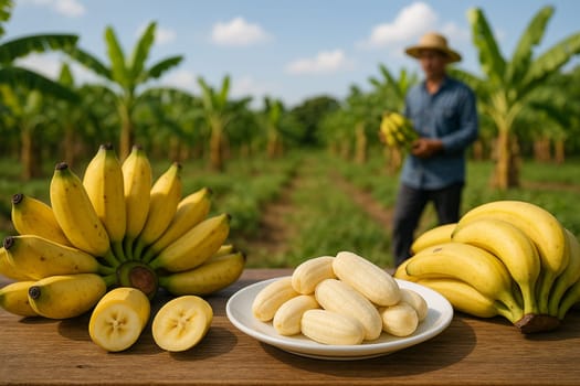 AI generated A rustic wooden table overflowing with fresh bananas including split fruits and peeled slices on white plate Background shows banana plantation farmers harvesting agriculture concepts