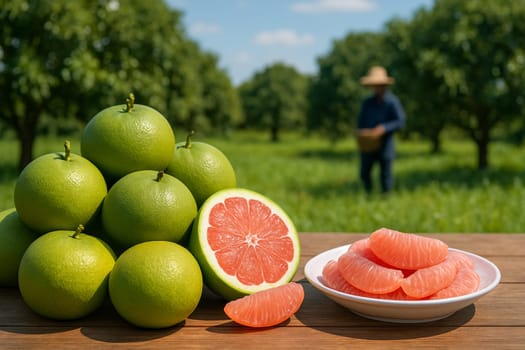 AI generated A rustic wooden table filled with fresh pomelos including halved fruits and peeled segments on white plate Background shows pomelo orchard with farmers harvesting agriculture themes