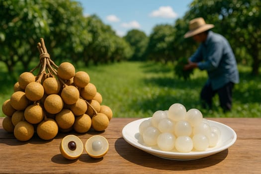 AI generated A wooden table filled with fresh longan fruits some peeled and arranged on white plate looking juicy and sweet Background shows longan orchard with farmers harvesting agriculture