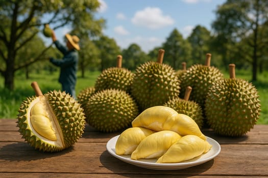 AI generated A wooden table filled with fresh thai durians some halved and peeled flesh on white plate looking delicious Background shows durian orchard with farmers harvesting agriculture