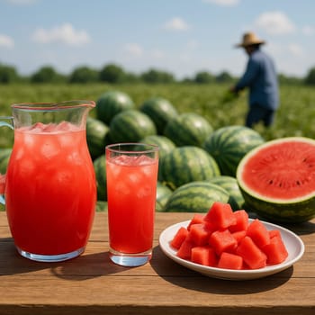 AI generated Chilled watermelon juice in glass pitcher with fresh watermelon slices and chunks on rustic table Sunny watermelon farm background with farmers harvesting Perfect for drinks healthy