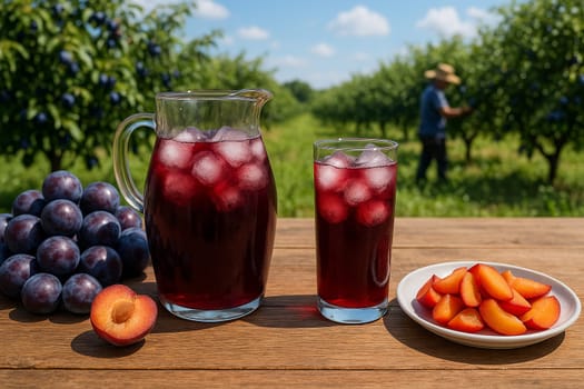 AI generated Chilled plum juice in glass pitcher with fresh plums and halves on rustic table Sunny plum orchard background with farmers harvesting Perfect for healthy drinks and farm concepts