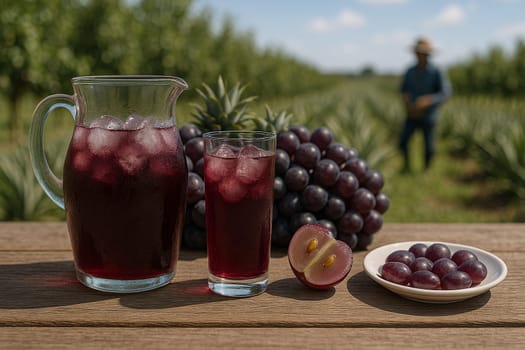 AI generated Chilled grape juice in glass pitcher with fresh grapes and halves on rustic table Sunny vineyard background with farmers harvesting Perfect for healthy drinks wine and agriculture themes