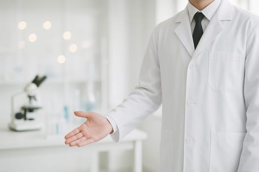 AI generated A confident scientist stands at the edge of the frame gesturing with open hands to invite inside a modern laboratory filled with equipment The scene conveys innovation discovery