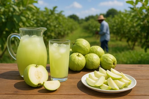 AI generated Chilled guava juice in glass pitcher with fresh guavas and slices on rustic table Tropical guava orchard background with farmers harvesting Perfect vitamin C drinks healthy refreshments