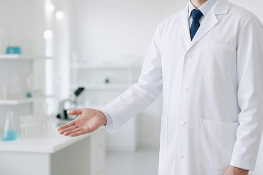AI generated A confident scientist stands at the edge of the frame gesturing with open hands to invite inside a modern laboratory filled with equipment The scene conveys innovation discovery
