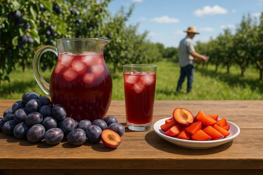 AI generated Chilled plum juice in glass pitcher with fresh plums and halves on rustic table Sunny plum orchard background with farmers harvesting Perfect for healthy drinks and farm concepts