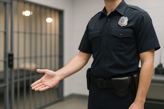 AI generated A uniformed police officer stands at the frame edge gesturing authoritatively toward a jail cell in a police station The scene conveys law enforcement security and justice system themes