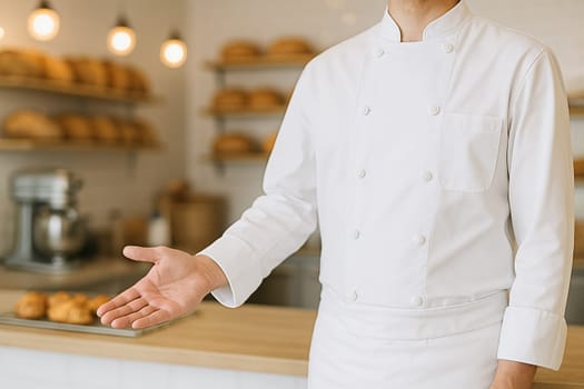 AI generated A cheerful baker stands at the frame edge gesturing warmly to enter a rustic bakery filled with fresh bread and pastries The scene evokes homely comfort artisanal craft and delicious