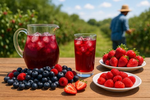 AI generated Chilled mixed berry juice in glass pitcher with fresh berries and halves on rustic table Sunny berry farm background with farmers harvesting Perfect for antioxidant drinks and healthy