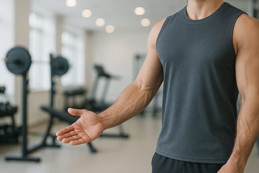 AI generated A strong muscular athlete stands at the edge of the frame gesturing with open hands to welcome into a well-equipped gym The scene conveys fitness motivation strength and teamwork