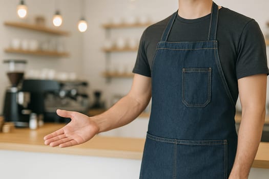 AI generated A friendly barista stands at the edge of the frame gesturing with open hands to welcome into a cozy coffee shop The scene conveys warmth hospitality and relaxation