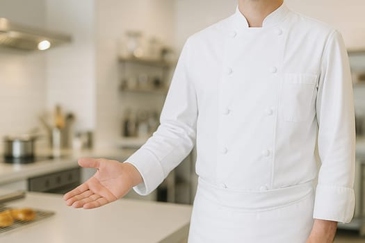 AI generated A professional chef stands at the frame edge gesturing welcomingly toward a well-equipped kitchen The scene conveys culinary expertise hospitality and premium dining