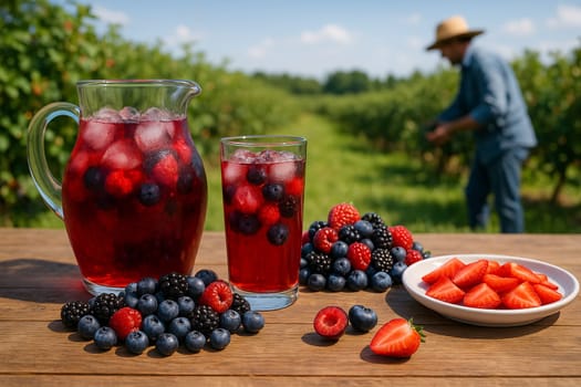 AI generated Chilled mixed berry juice in glass pitcher with fresh berries and halves on rustic table Sunny berry farm background with farmers harvesting Perfect for antioxidant drinks and healthy