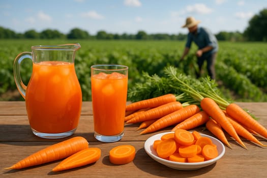 AI generated Chilled carrot juice in glass pitcher with fresh carrots and slices on rustic table Sunny carrot farm background with farmers harvesting Perfect for healthy drinks and farm concepts