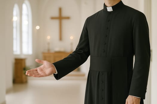 AI generated A compassionate priest stands at the frame edge gesturing invitingly toward a beautiful Christian church interior The scene conveys spirituality faith and community for religious worship