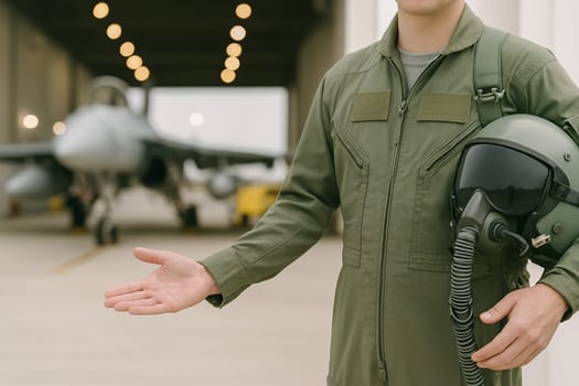 AI generated A confident fighter pilot in full flight gear stands at the frame edge gesturing authoritatively toward an active military airbase The scene conveys aviation power national defense