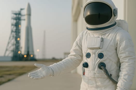 AI generated A professional astronaut in full space suit stands at the frame edge gesturing toward a massive rocket launch facility The scene conveys space exploration cutting-edge technology