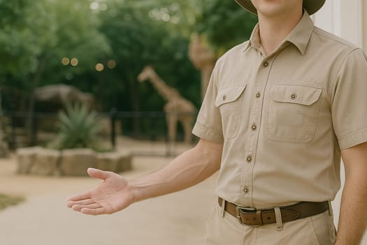 AI generated A friendly zookeeper stands at the frame edge gesturing invitingly toward a vibrant zoo environment The scene conveys wildlife conservation animal care and family fun for educational