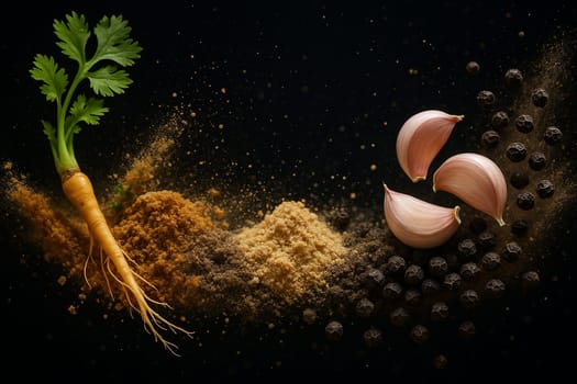 AI generated Coriander root garlic and black pepper explode in both whole and powdered forms from opposite sides of frame colliding dramatically in center against pure black background