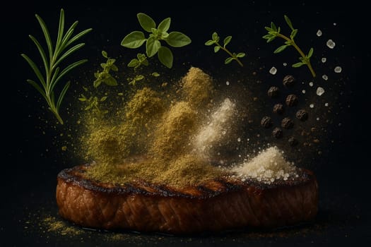 AI generated Rosemary oregano thyme black pepper and salt burst in whole and powdered forms colliding dramatically midair against pure black background Perfect for gourmet cooking meat preparation