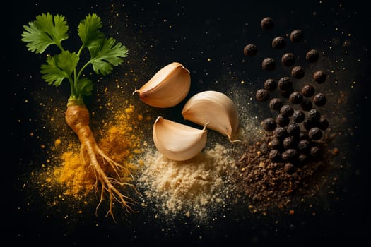 AI generated Coriander root garlic and black pepper explode in both whole and powdered forms from opposite sides of frame colliding dramatically in center against pure black background