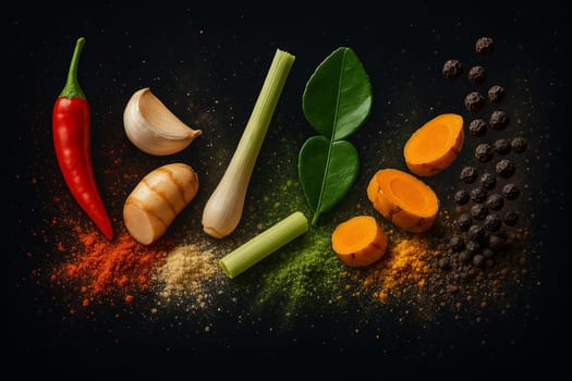 AI generated Red chili garlic galangal lemongrass kaffir lime leaves turmeric and black pepper burst in whole and powdered forms colliding dynamically against pure black background for Thai cooking
