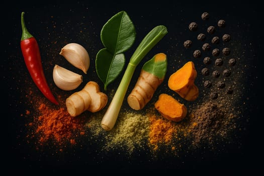 AI generated Red chili garlic galangal lemongrass kaffir lime leaves turmeric and black pepper burst in whole and powdered forms colliding dynamically against pure black background for Thai cooking
