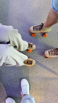 Two friends are roller skating on a smooth surface, enjoying a fun and active pastime. The image captures the joy of friendship and retro recreation in a vibrant and lively setting.