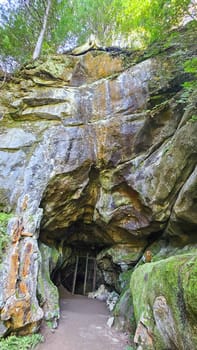 Discover the depths of this intriguing cave, featuring a metal gate and moss-covered stone walls. A captivating scene of nature s artistry and hidden mysteries awaits in a lush forest.