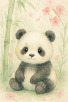 Magical watercolor panda cub surrounded by bamboo and cherry blossoms, soft pastel palette with delicate brush strokes
