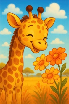 Cheerful baby giraffe stretching neck among colorful savanna flowers, cartoon style with soft outlines and bright colors