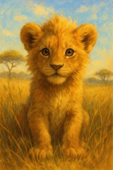 Brave lion cub with golden mane playing in sunlit savanna, painterly style with textured brush strokes and warm hues